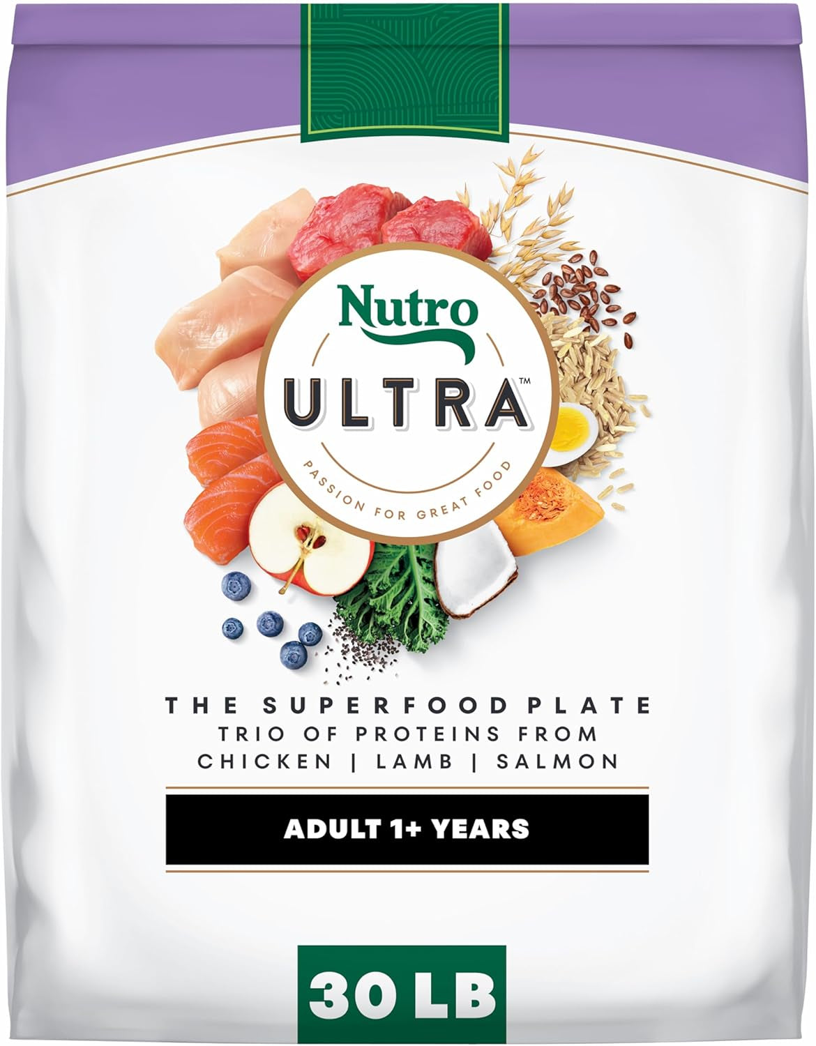 ULTRA Adult High Protein Natural Dry Dog Food with a Trio of Proteins from Chicken, Lamb and Salmon, 30 Lb. Bag