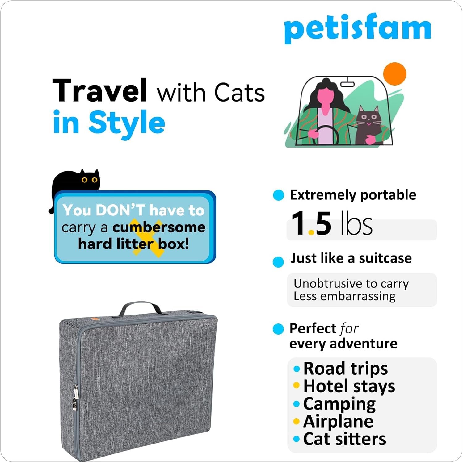 Large Portable Cat Travel Litter Box with Zipperd Top for Medium, Large or Multiple Cats. Odor Control, Leak-Proof, Lightweight for Easy Carry, Easy Storage, Easy to Clean